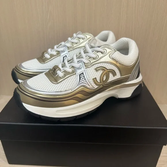 CHANEL White and Gold Sneakers - Picture 3 of 5